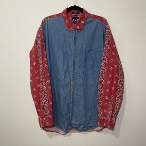 Vintage American blue men denim bandana red print long sleeve men button down XL